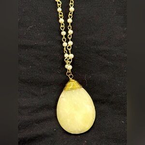 Long Pearl & Gold Chain Necklace with Large Teardrop Stone Pendant